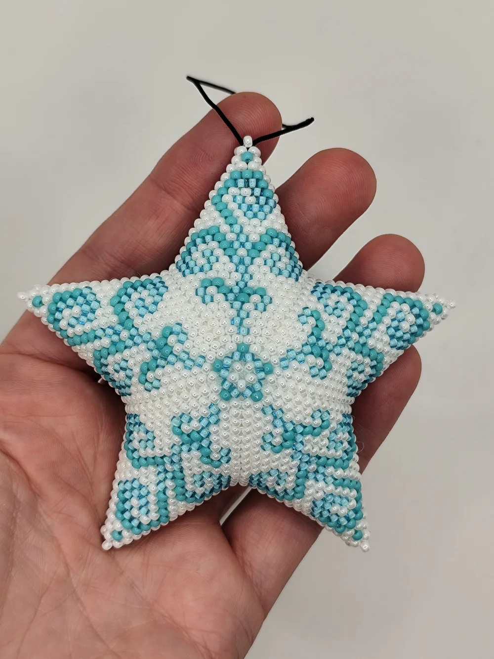 Beaded Star Holiday Ornament in White & Teal